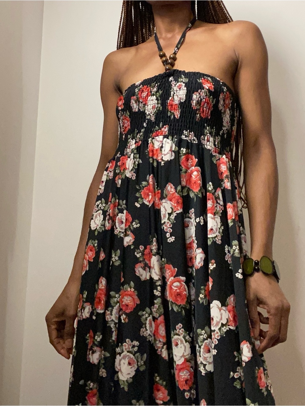 Black Floral Halter Sundress with Red & White Roses and handkerchief hem